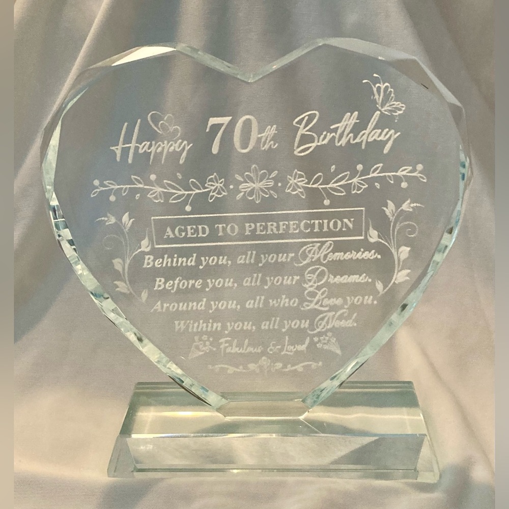 70th Birthday Heart-Shaped Heavy Glass Plaque Size 4.75”W x 5”H